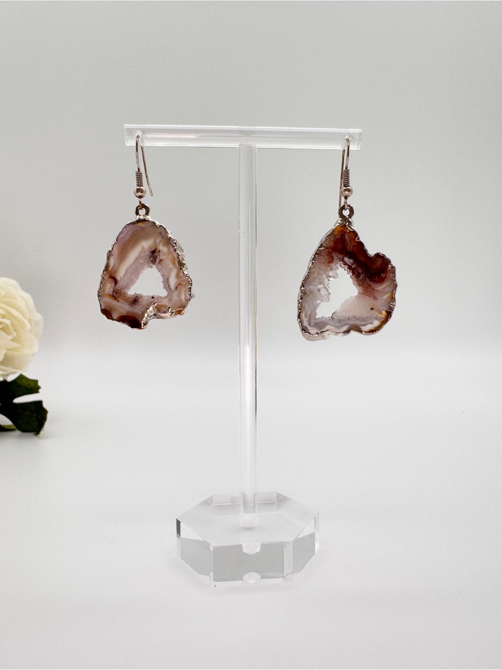 Agate Druzy Geode Slice Drop Earrings Brown Cream Silver Tone Boho